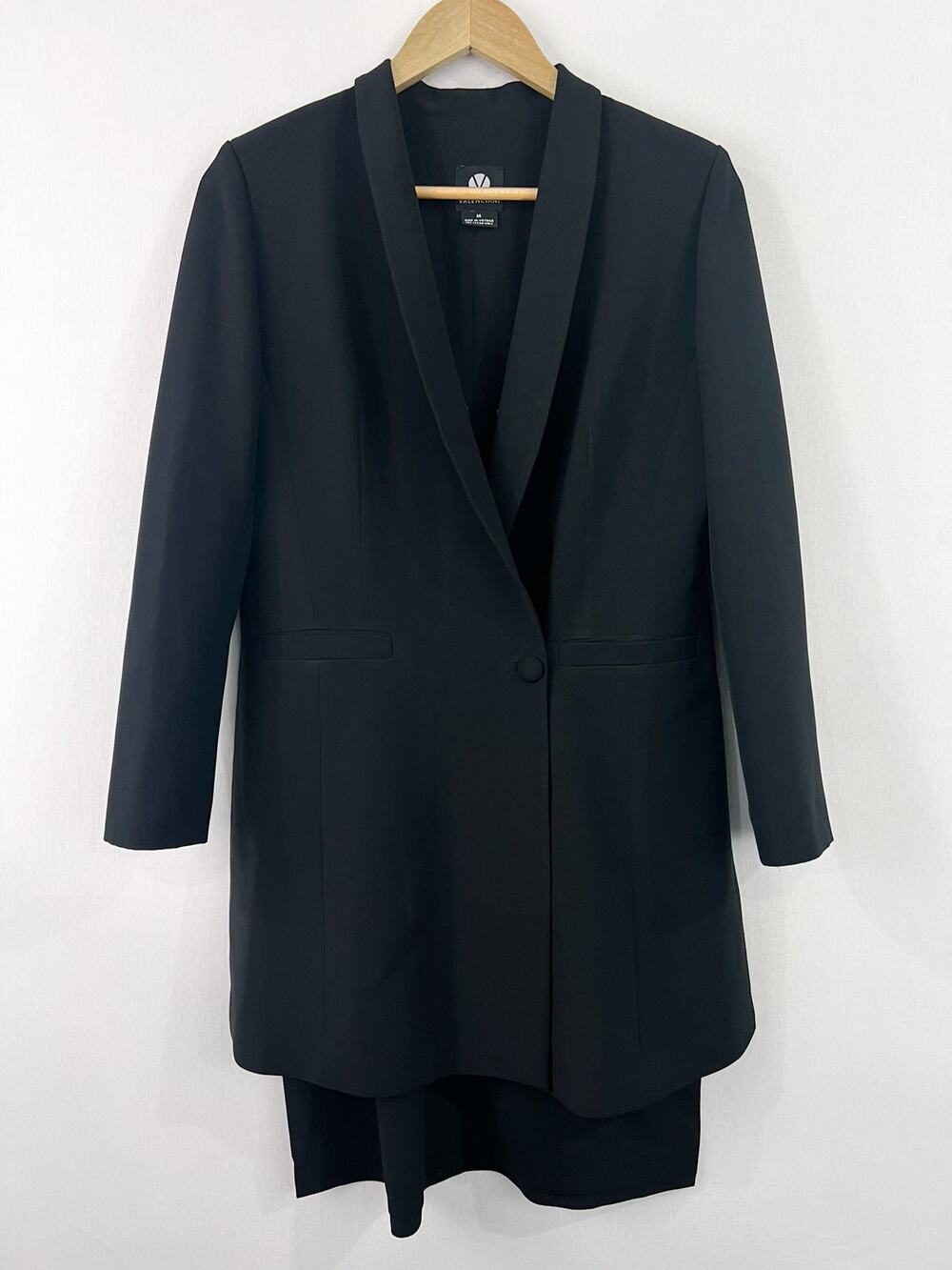 Vintage Women Black Blazer Trench Coat Medium Valenciani Single Button Side Slit
